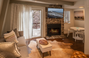 the living room in a Boone NC home with hardwood floors and a fireplace